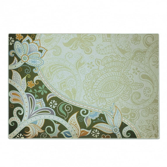 Olive Green Cutting Board, Abstract Floral Pattern Leaves and Stripes Inspirations Curvy Oriental, Decorative Tempered Glass Cutting and Serving Board, Small Size, Multicolor, by Ambesonne