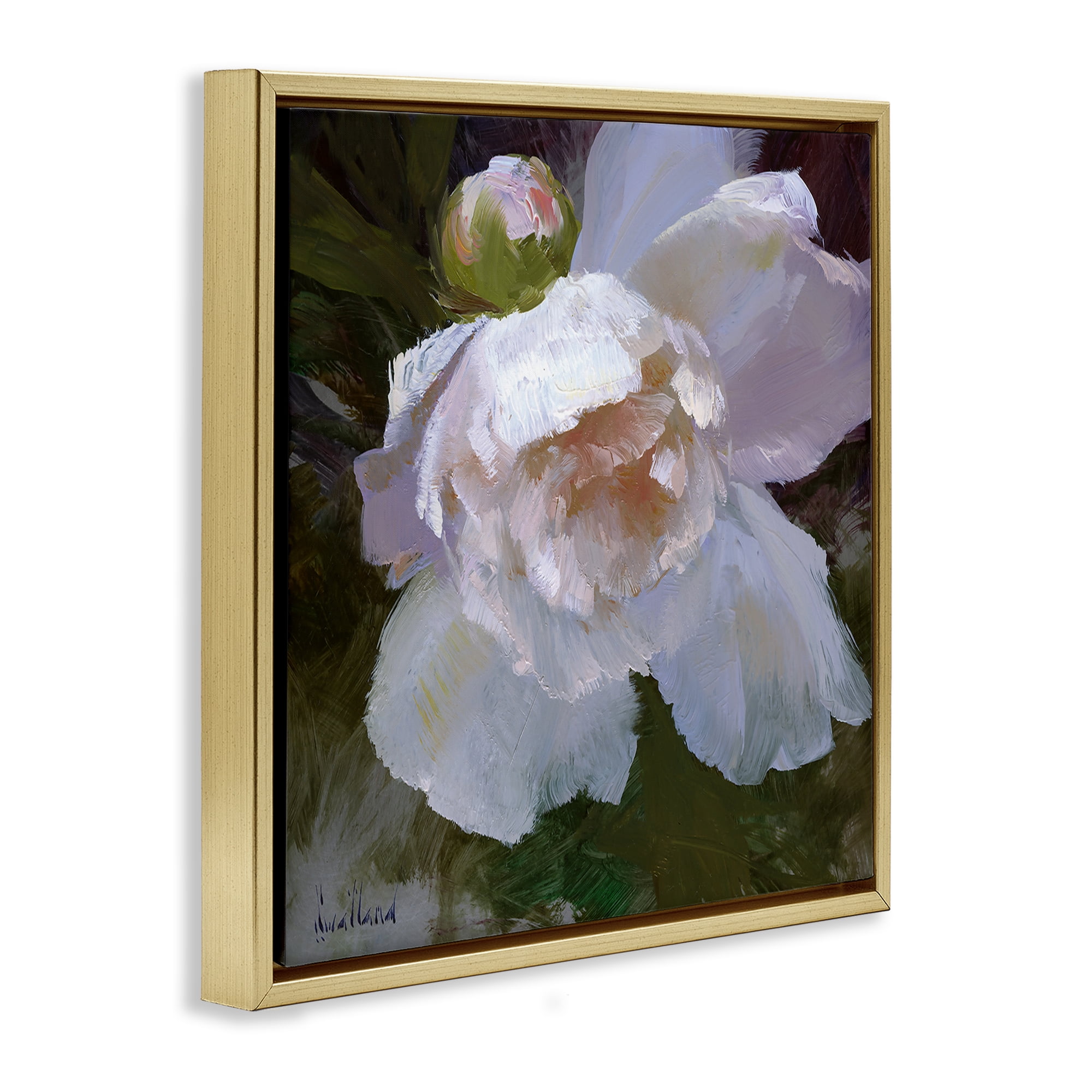 Stupell Industries Ruffled Petals White Flower Plants & Flowers Painting Gold Floater Framed Canvas Art Print Wall Art, 25 x 25