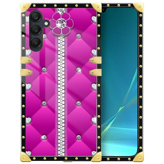 FKBRCL4U Compatible with Samsung Galaxy A25 Case, Glitter Pink Sofa Leather Zip Crystal Luxury Golden Decoration for Girl Women Soft TPU Shockproof Protective Hard PC Back