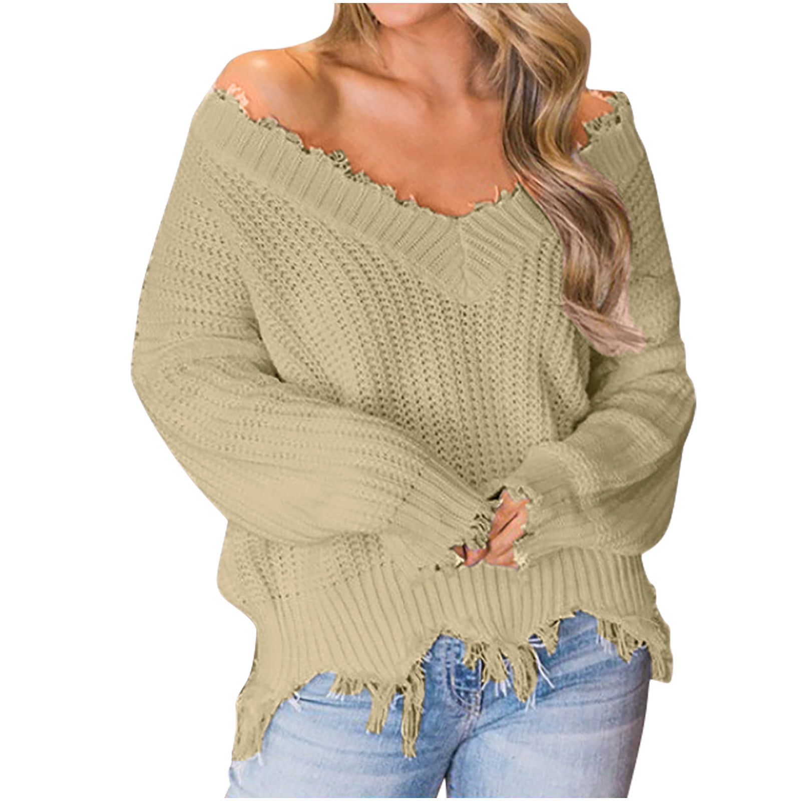 Dagegui Womens Off the Shoulder Sweater Solid V Neck Long Sleeve Loose Knitted Pullover Ripped Crop Top Khaki,M