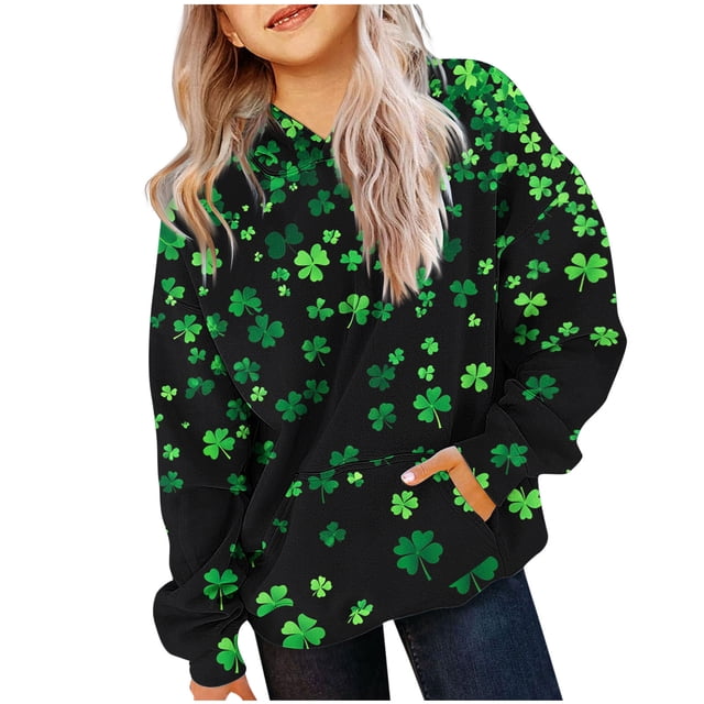 Sudadera con capucha para niños, camiseta de manga larga con estampado del Día de San Patricio para niños y mayores, sudadera con capucha para niña, parte superior de poliéster.