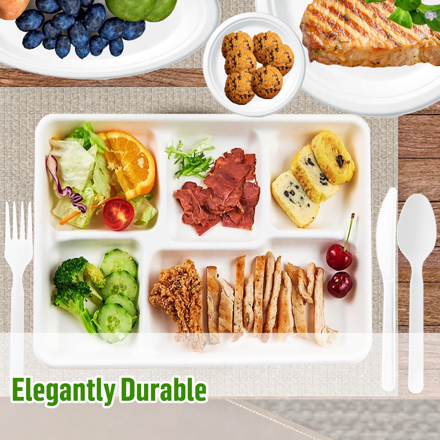 BEIDOU-PAC 5 Compartment, Compostable, Heavy Duty Disposable Paper Plates, 10.3"* 8.3", 150 Count Lunch Tray