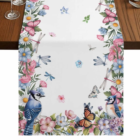 Table Runners 90 Inches Long Dress Scarves, Spring Floral Farmhouse Coffee/Dining/Kitchen Table Runner for Living Room, Watercolor Flower Butterflies Birds Plant 13x90 Inch