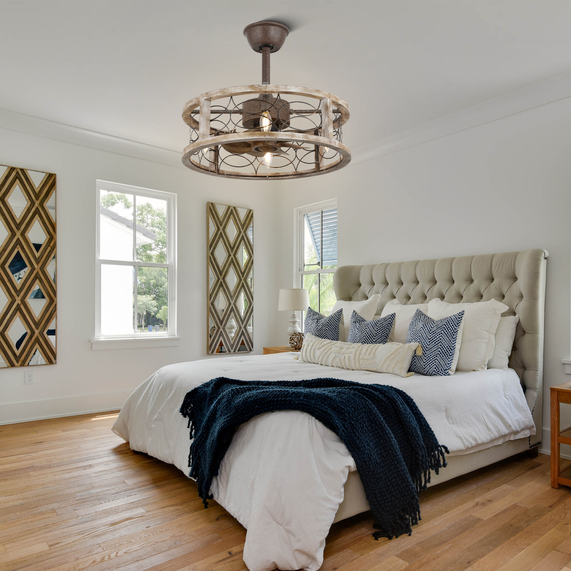 Bella Depot 18" Rustic Wood Caged Ceiling Fan with Light and Remote Control, 6-speed Farmhouse Chandelier