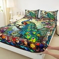 thumbnail image 3 of jejeloiu Peacock Rainbow Glass Queen 4-Piece Reversible Ultra Soft Boho Floral Sheet Set, 3 of 7
