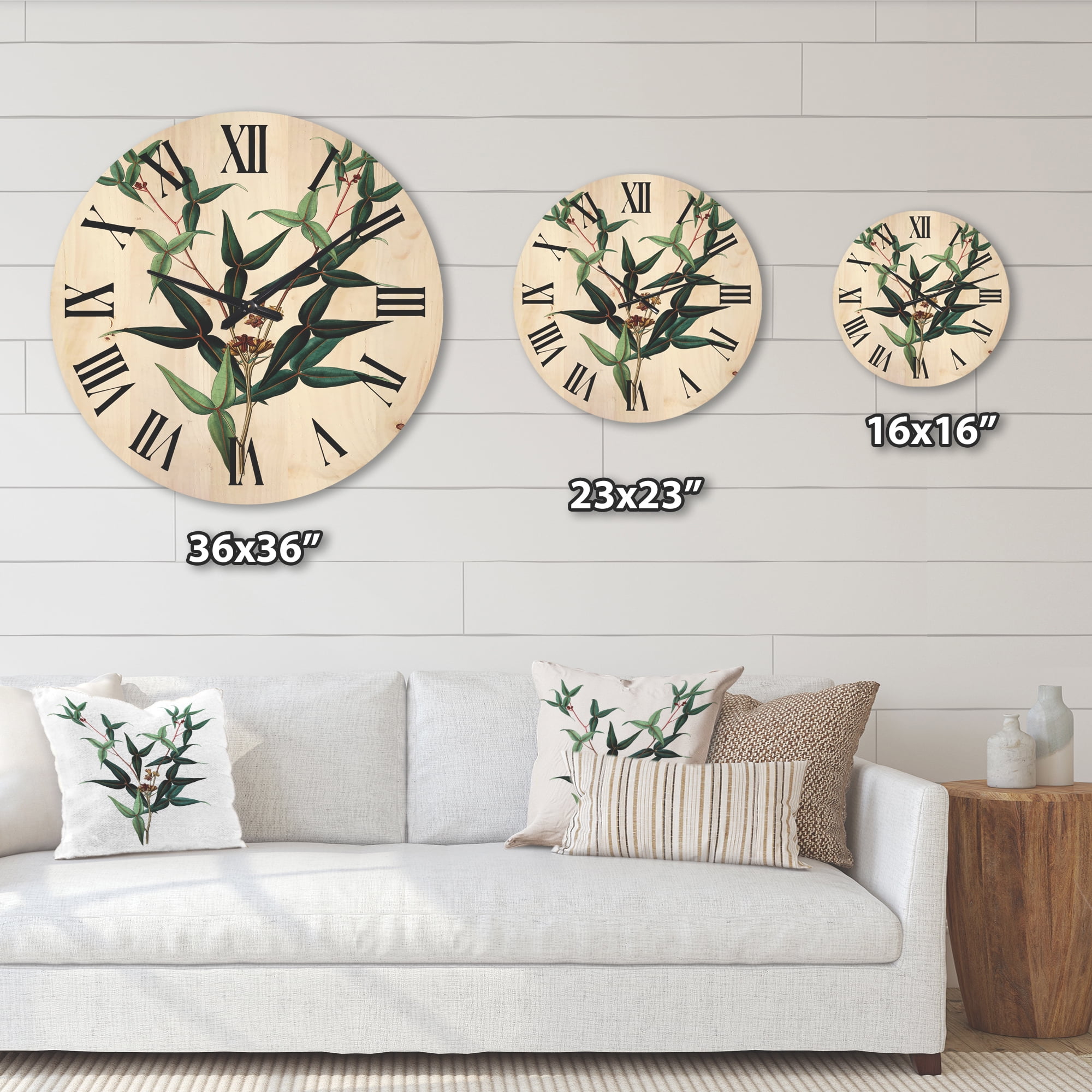Designart 'Ancient Green Leaves Plants VIII' Traditional Wood Wall Clock