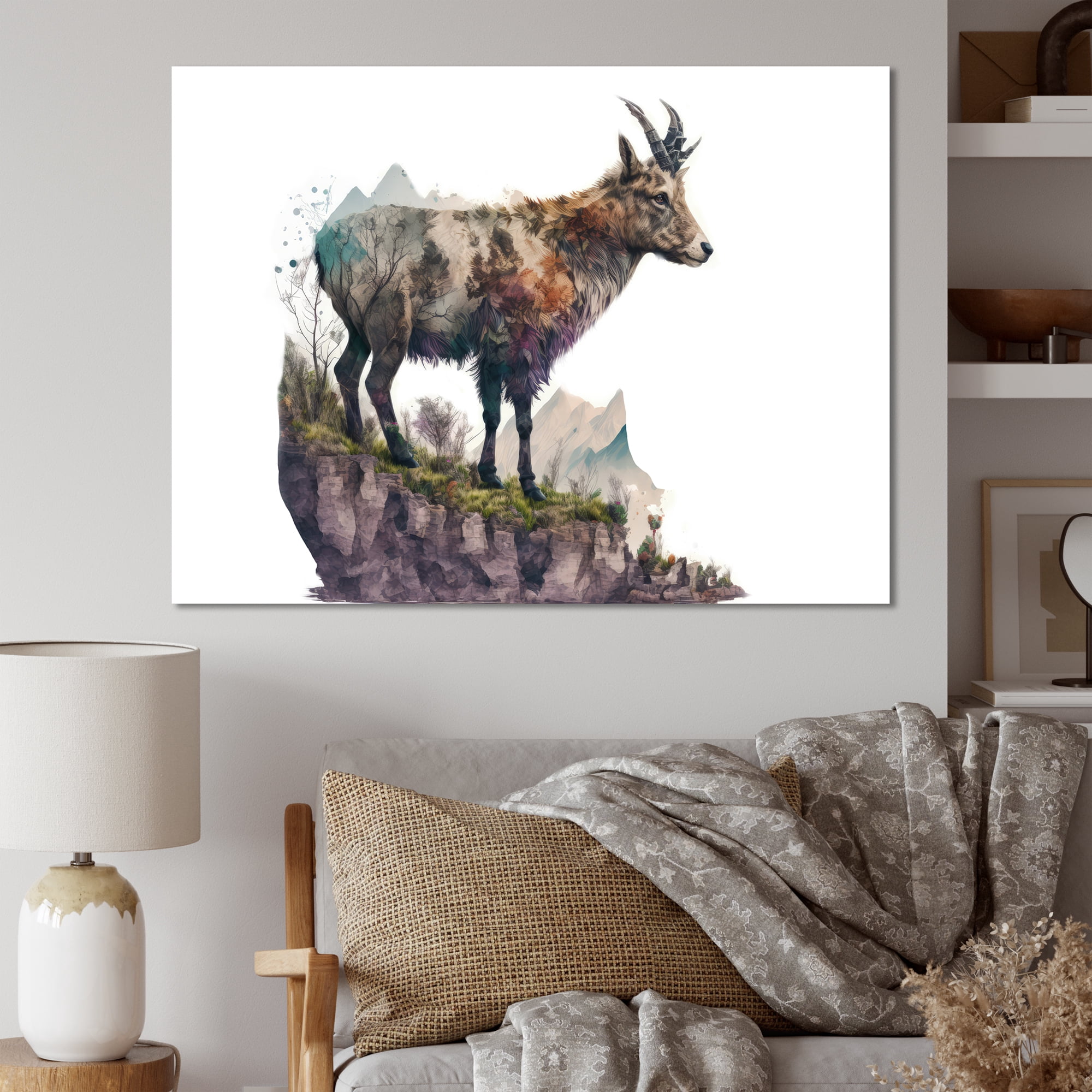 Designart Double Exposure Of A Goat With Nature Canvas Wall Art