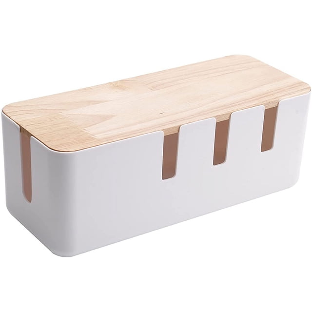 Laklulu Caja de gestión de cables de plástico blanco de gran tamaño con cubierta de bambú Solución de gestión de cables para ocultar y ocultar regletas de enchufes
