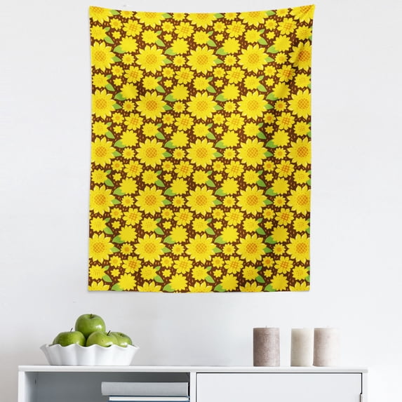 Sunflower Tapestry, Continuous Pattern with Simplistic Cartoon Flowers, Fabric Wall Hanging Decor for Bedroom Living Room Dorm, 5 Sizes, Yellow Brown, by Ambesonne