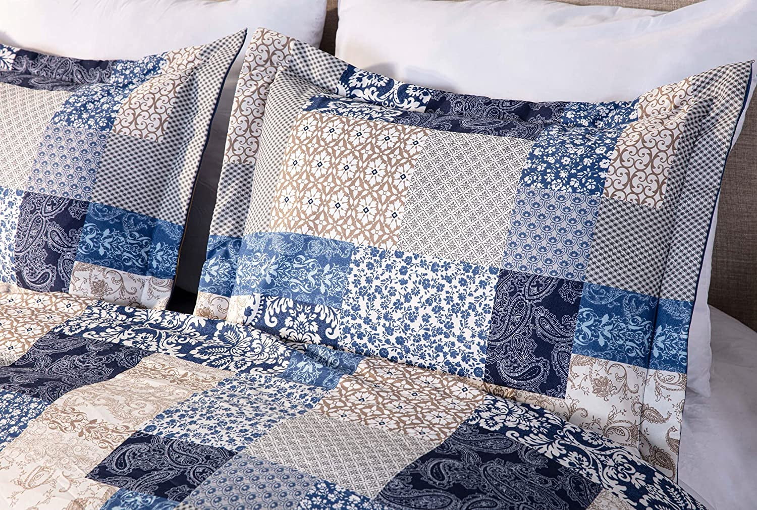 Chezmoi Collection Kai 3-Piece Floral Paisley Patchwork Printed Comforter Set, Navy Blue