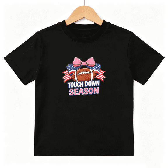 USA Touchdown Season Girls Graphic Tee, Patriotic Football 100% Cotton Kids Short Sleeve T-Shirt