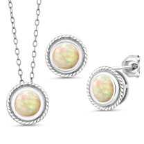 Gem Stone King 925 Sterling Silver White Ethiopian Opal Pendant Earrings Set for Women (1.68 Cttw, Gemstone Birthstone, Round Cabochon 6MM, With 18 inch Chain)