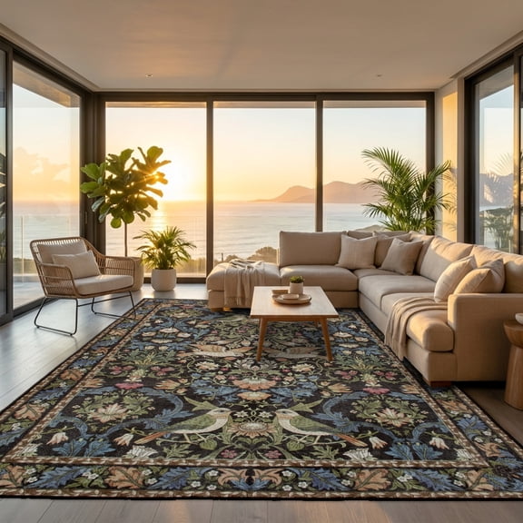 Kzaei 8'x10' Area Rug for Living Room, Vintage Boho Soft Low-Pile Living Room Rugs, Stain Resistant Botanical Non-Slip Carpet for Girls Bedroom