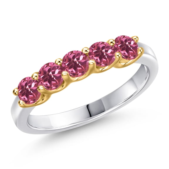 Gem Stone King 925 Silver and 10K Yellow Gold Pink Tourmaline Engagement Ring for Women | 0.75 Cttw | Round 3.5MM | Gemstone October Birthstone | Size 8