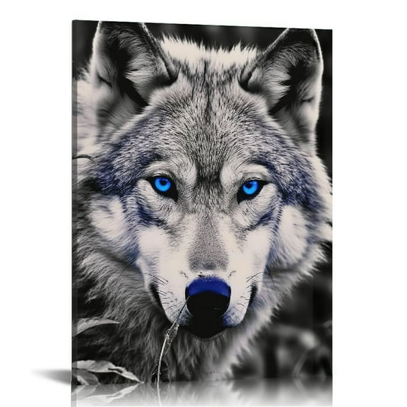 JRXY  Wildlife Animal Canvas Wall Art Black White Wolf with Blue Eyes Picture Giclee Prints Artwork Framed and Stretched Painting for Modern Home Living Room Office Bedroom  pattern1