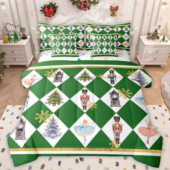 Manfei Fairy Tale Princess Twin Bedding Sets 7-Piece, Kawaii Christmas Nutcracker Bedding Comforter Set, Vintage Green Plaid Reversible Sheet Sets, Lightweight Room Decor