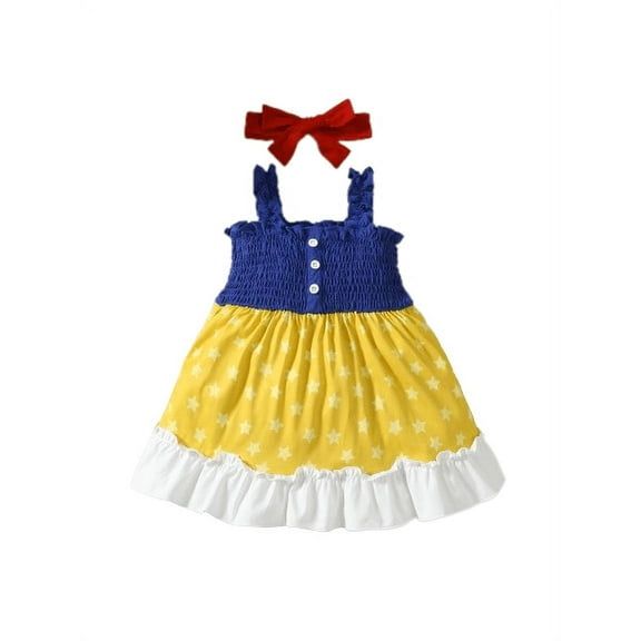 Mikrdoo 18-24 Months Infant Baby Girls Princess Dress Sets Straps Color Block Summer Dress With Headband 2Pcs Clothing Yellow