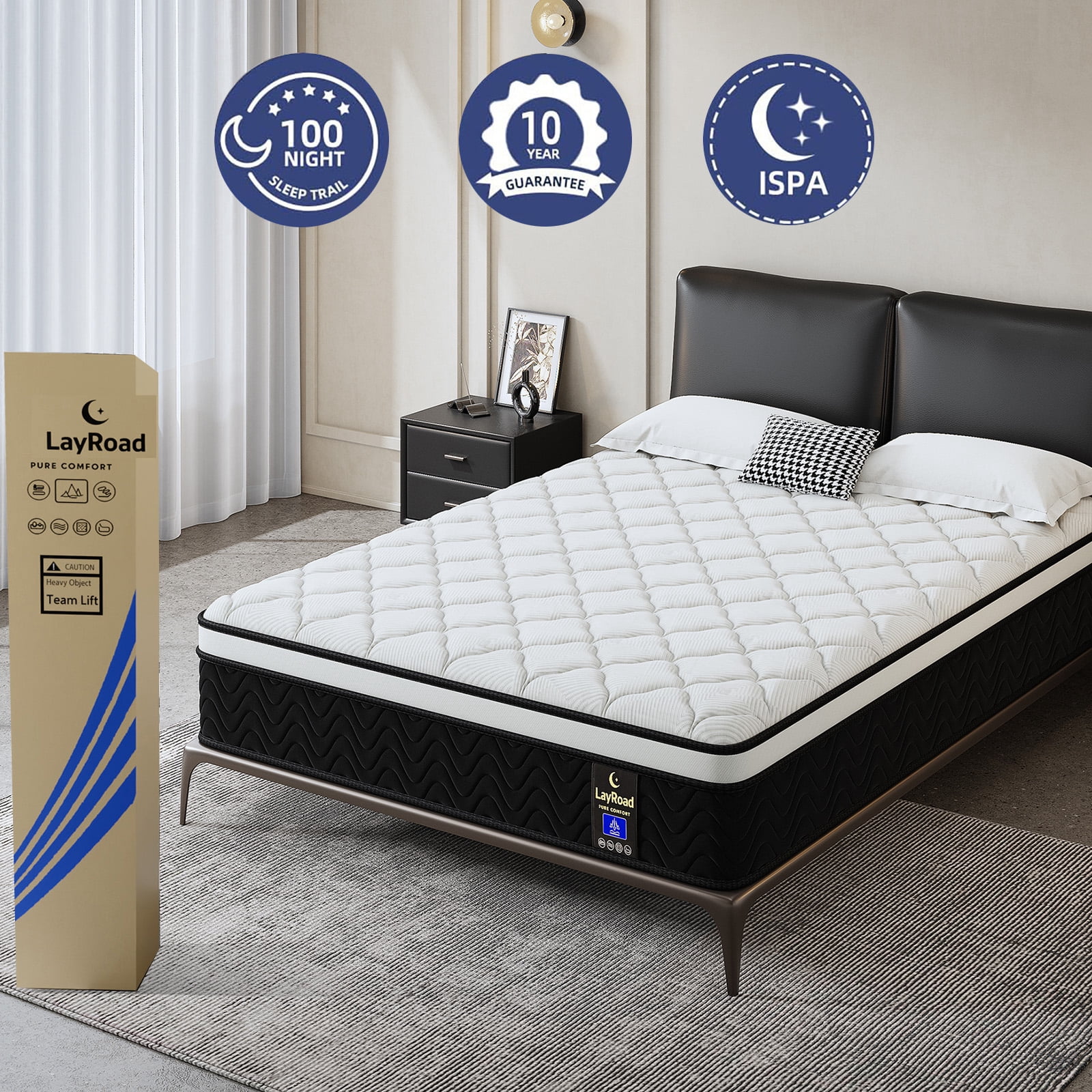 LayRoad 14 Inch Twin Mattress, Medium Firm, Cooling Comfort & Motion Isolation, CertiPUR-US Certified, 100-Night Trial, Black White