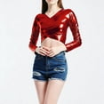 thumbnail image 5 of Hauts Métalliques pour Femmes 2026 Tendance Manches Longues Col en V T-Shirt Court Ajusté Y2K Sortie Tenues Rave, 5 of 5