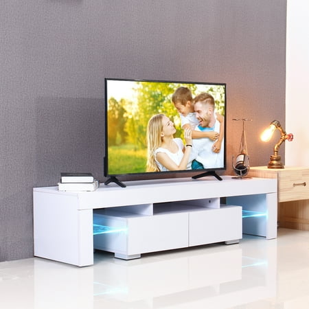 Tv Unit With Drawers 57'' High Gloss TV Unit Stand With LED Lights 2 Shelves Drawers Modern Cabinet Home White Black Wood ()