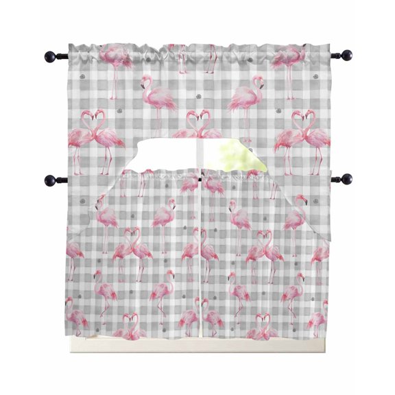 Pink Flamingo Swag Kitchen Curtains Sets for Windows 24 Inch Length, Summer Tropical Animals Grey Plaid Short Window Curtain Panels Swags Valances and Tiers 3 Piece Set for Cafe/Dining Room