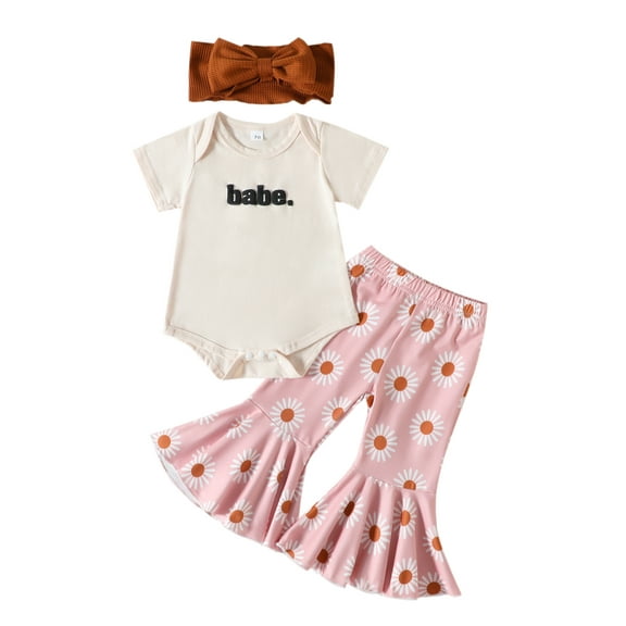Bagilaanoe 3pcs Newborn Baby Girl Long Pants Set Letter Print Short Sleeve Romper Tops   Floral Flare Trousers   Headband 6M 12M 18M 24M Infant Casual Outfits