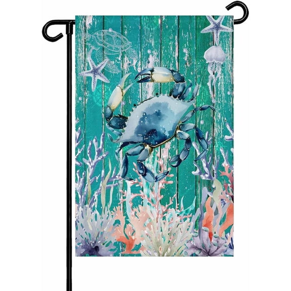 Summer Coastal Garden Flag 12x18 Inch Crabs and Corals Double Sided Teal Wood Grain Yard Flag for Outdoor Holiday Home Garden Porch Lawn Patio Decoration