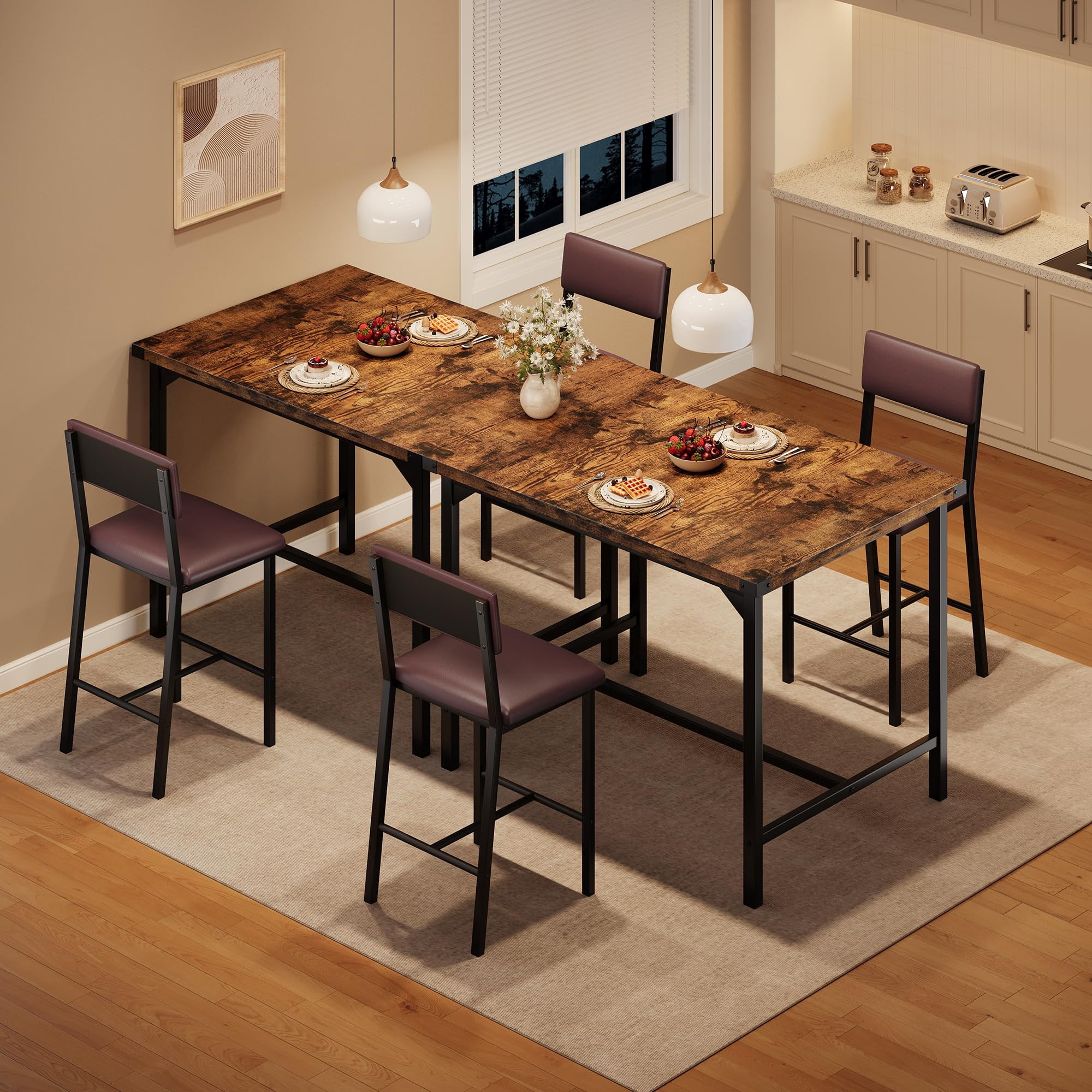 Huisuilinss Dining Table Set For 2,3-Piece Kitchen Table Set,Counter Height Kitchen Table With 2 Upholstered Chairs,Wood Dining Table Set With Footrest & Corner Protector For Apartment Pub