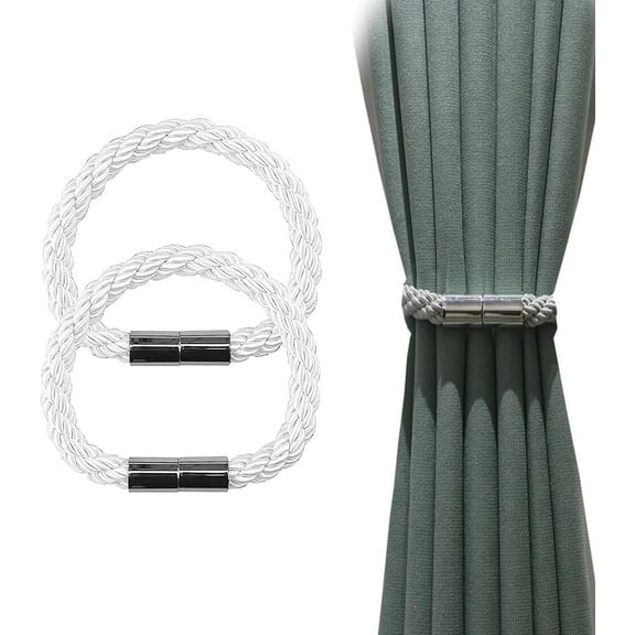 2 Pieces Strong Magnetic Curtain Tie Backs, Strong Magnet Curtains Clips Tiebacks, Hand Knitting Rope Curtain Holder Decoration for for Thin or Thick Home & Office Window Drapery (White)