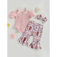 thumbnail image 5 of Musuos Baby Girls Summer Jumpsuits Set 6 12 18 24M 3T Button Short Sleeves Romper and Cow Head Flower Print Elastic Flare Pants Headband, 5 of 10