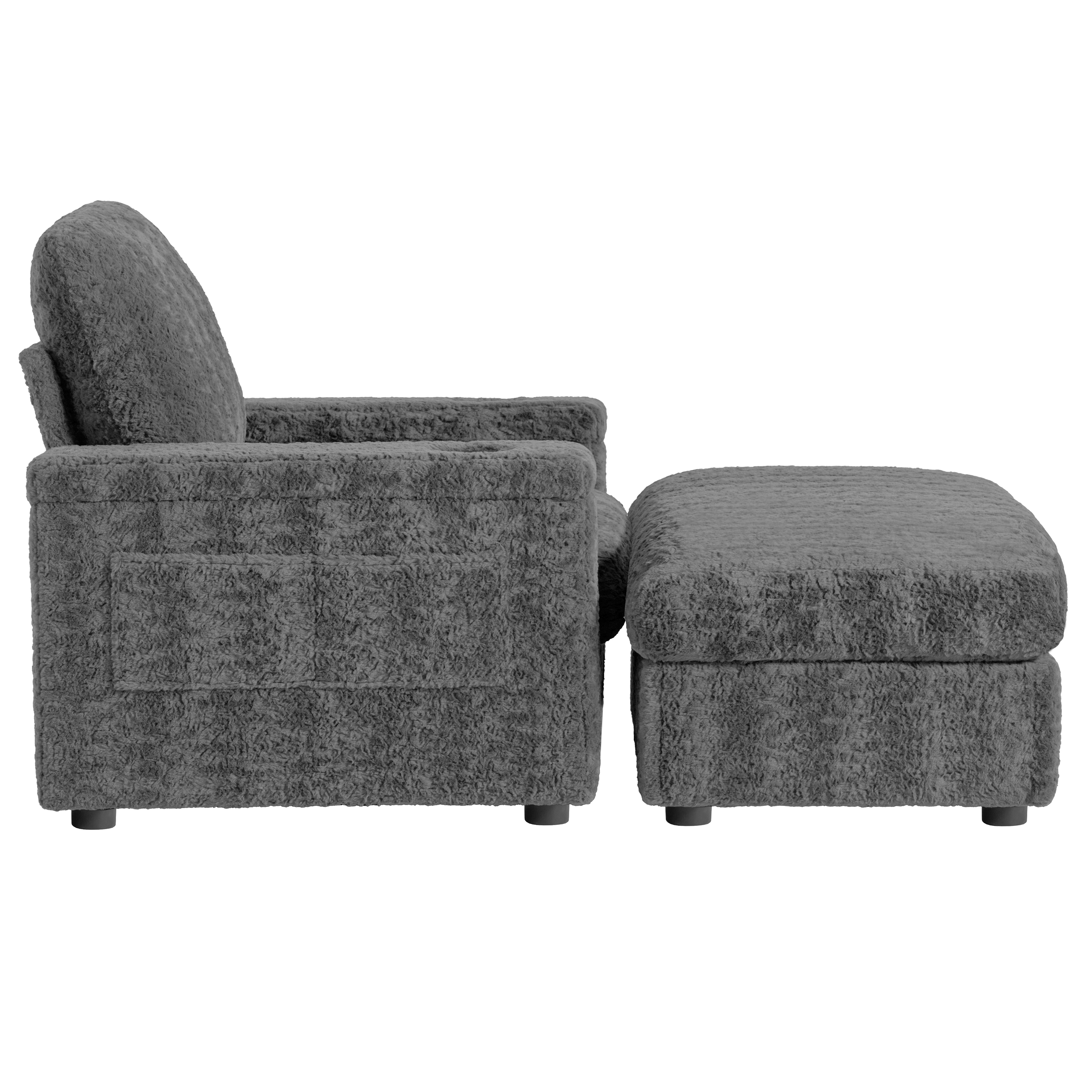 EUROCO 42" Oversized Chaise Lounge Indoor with Storage Ottoman,Faux Rabbit Fur Sleeper Chair with Armrest Pad,Cup-Holds,Storage Pockets and Deep Seat,Upholstered Comfy Sofa Bed for Small Space,Grey