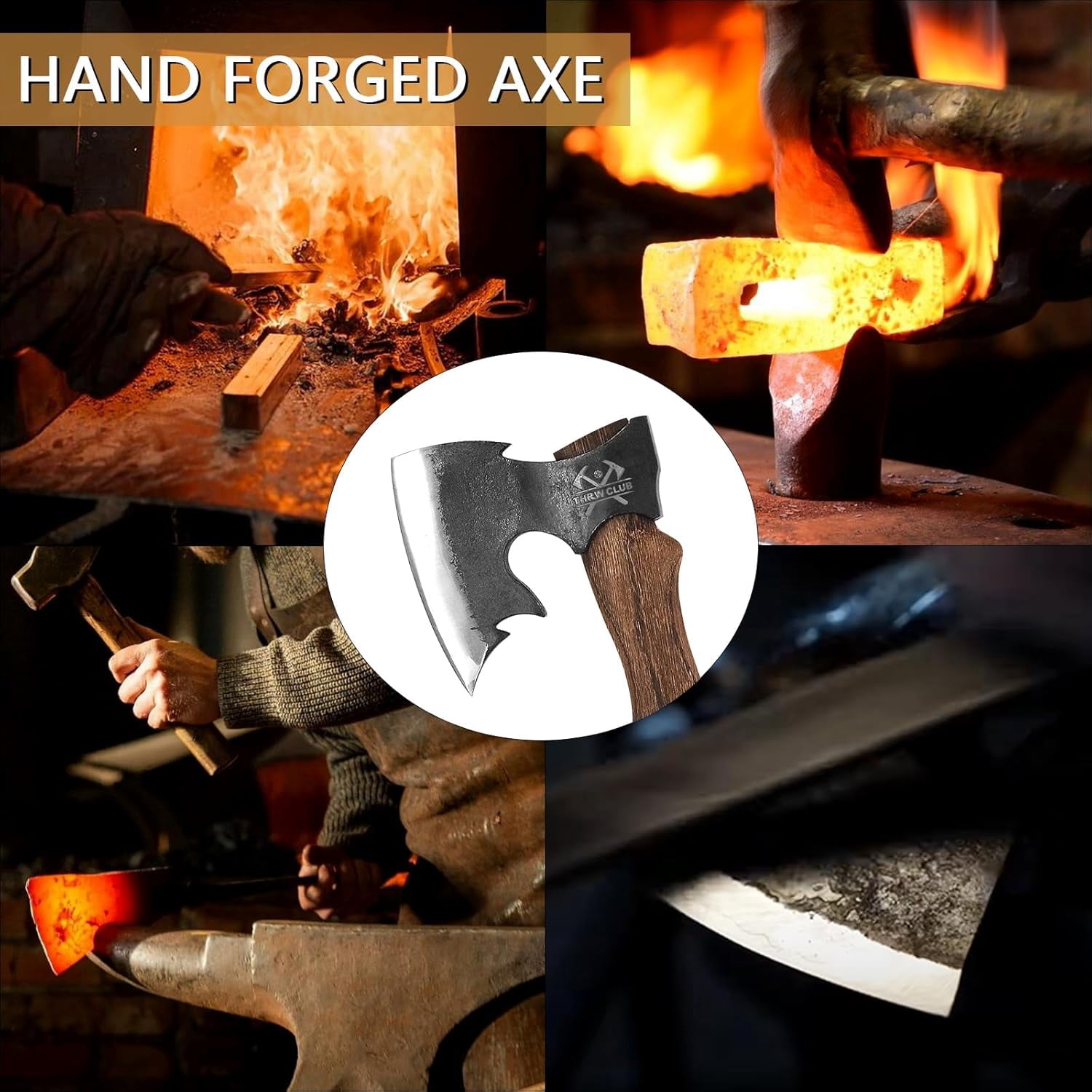 THRWCLUB 15.5" Hand Forged Hatchet, 1065 Carbon Steel, Wooden Handle, Leather Sheath, Axe Sharpener, for Camping & Gardening