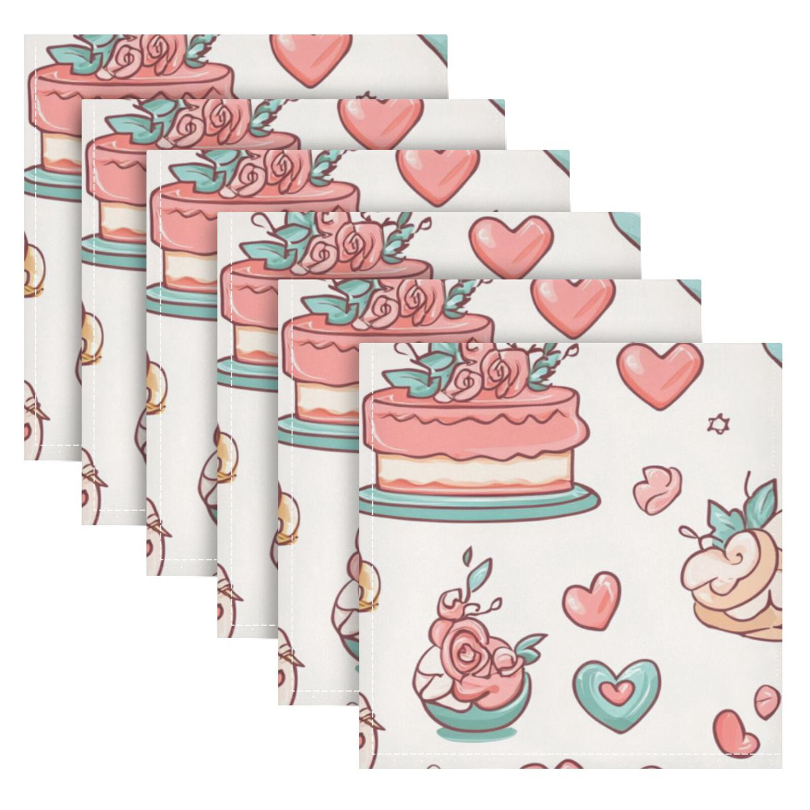 JSTEL Cartoon Wedding Heart Cloth Napkins Set of 6, 20x20 Inch Washable and Reusable Napkin for Decoupage Dinner Party Everyday Use