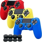 MXRC Silicone Rubber Cover Skin Case X 3 Anti-Slip Studded Dots Customize for PS4/SLIM/PRO Controller x 1(Red & Yellow & Blue) + FPS PRO Stick Cover Thumb Grips x 8
