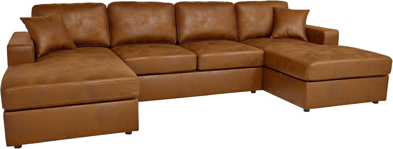 Howcool 120" U‑Shaped Double‑Chaise Modular Sectional Sofa, Cloud Couch 4 Seat Breathable PU Leather & Polyester with Washable Removable Covers for Living Room, Antique Brown