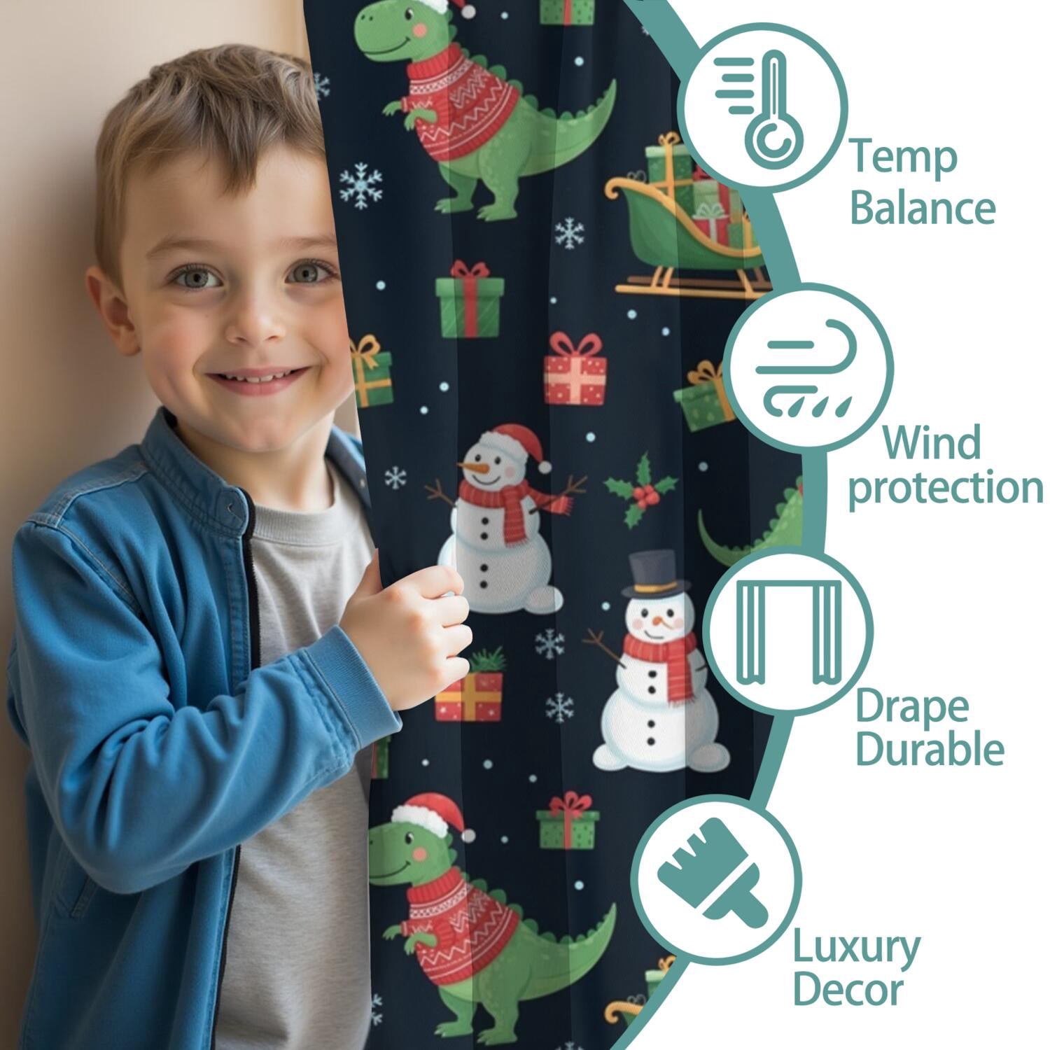 Blackout Kids Curtains,Christmas Dinosaur Pattern Childrens Insulated Curtains Set Of 2,Bedroom Essentials,Toddler Room Decor 42"x84"