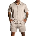 thumbnail image 3 of BRANROY Men's 2 Piece Short Set - Collar Button Down Tracksuit, Lightweight Summer Outfits Two Piece Set with Short Sleeve Shirt & Shorts,Khaki,L, 3 of 7