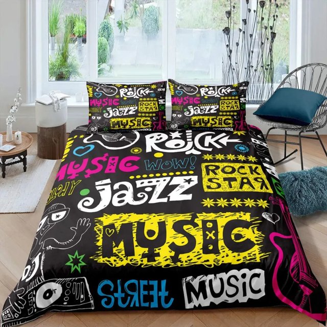Housse de Couette Rock Musique Très Grand Ensemble de Literie Jazz Musique pour Adolescents Housse de Couette Graffiti Hip Hop Notes de Musique Polyester