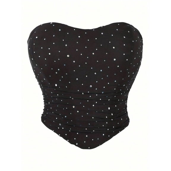 Black Strapless Rhinestone Bustier Top For Women, Fitted Corset Style