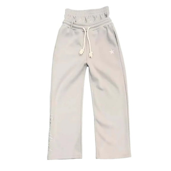 Aihuaihua Double Waisted Sweatpants Men Women Y2K Wide Leg Baggy Pants Pentagram Graphic Drawstring Waist Pants Jogge Sweatpants Vintage Grunge Pants Beige