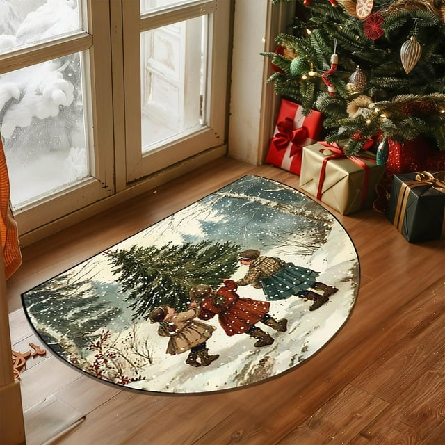 QIPOPIQ Paillasson Demi-Cercle Animal de Noël Cerf Tapis de Chaussures pour Entrée Tapis Intérieur pour Entrée Extérieure Décoration de Porte d'Entrée Maison