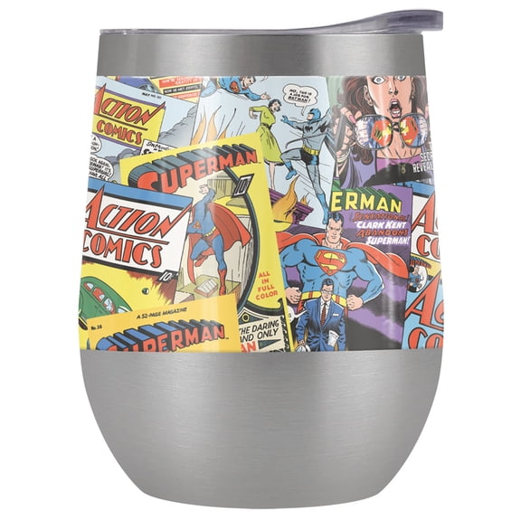 Superman Official Comic Covers 12 OZ Stemless Wine Tumbler, Stainless Steel Travel Cup|Lake Tumbler|Insulated with Leak Resistant Slide-Lock Lid, Stainless Steel