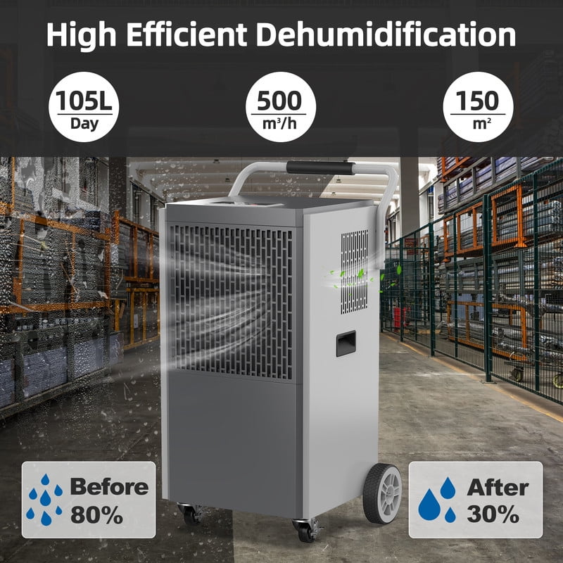 190 pt. 6000 sq.ft. Bucketless Industrial Dehumidifier in. Blacks for Garage, with Drain Hose, Auto-OFF, 10-95%RH Range