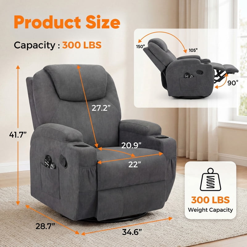 Vineego Massage Swivel Rocker Recliner with PU Leather Fabric Small Spaces Lounge Chair with Two Cup Holder for Bed Room,Linen Gray
