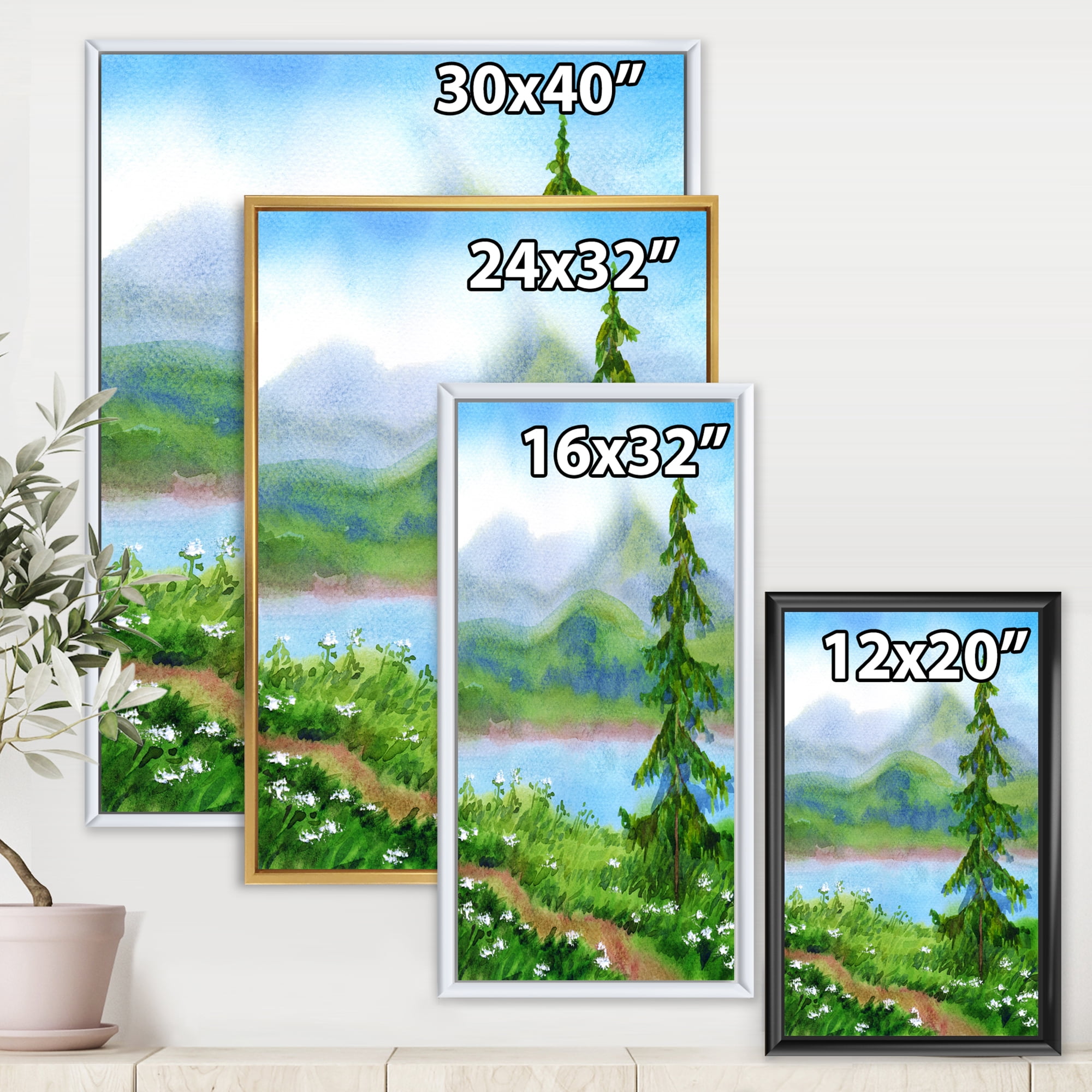 Landscape River Spruce Near The Trail On A Hill 12 in x 20 in Framed Painting Canvas Art Print, by Designart