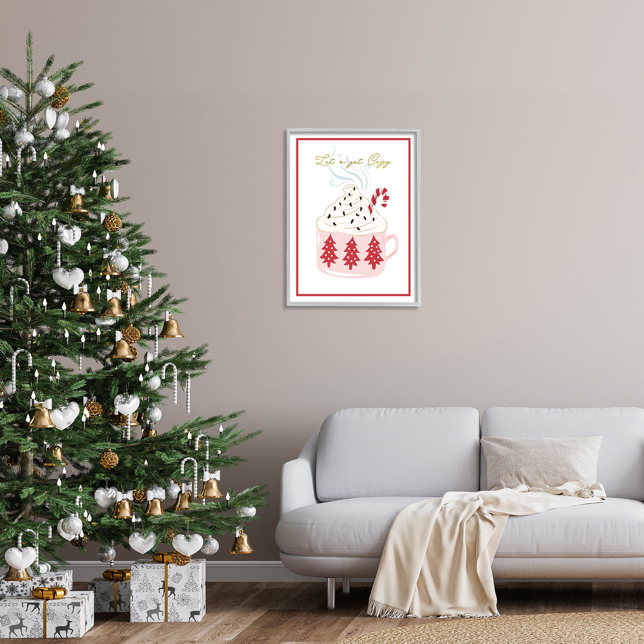 Stupell Industries Let's Get Cozy Pink Cocoa Graphic Art Gray Framed Art Print Wall Art, Design by The Saturday Evening Post