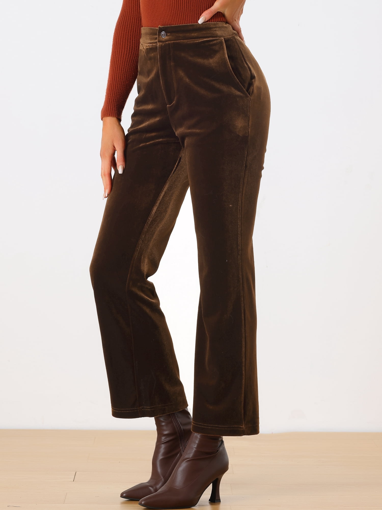 DARING DIVA Women's Elegant Velvet High Waist Trousers Work Pants M Brown