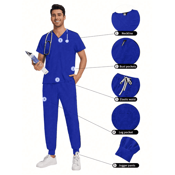 New Multicolor Two Pcs Set Men's Scrub Suit Nurse Uniform V Neck Short Sleeve Scrub Top Jogging Pants Work Clothes Doctor