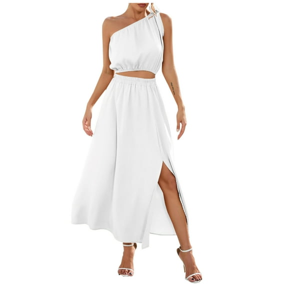 Odeerbi Womens Tops Shirts Blouses Dressy 2025 Casual Two Pieces Solid Slit Swing Dress And Sloping Shoulders Bow Sleeveless Set Suits White