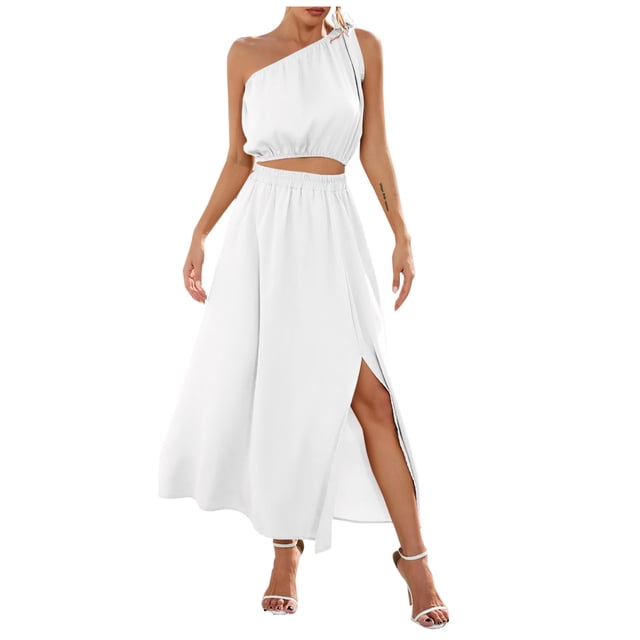 Tops para mujer, camisas, blusas, elegante, informal, de dos piezas, vestido de columpio con abertura sólida y hombros caídos, conjunto de trajes sin mangas con lazo Odeerbi ODB-5
